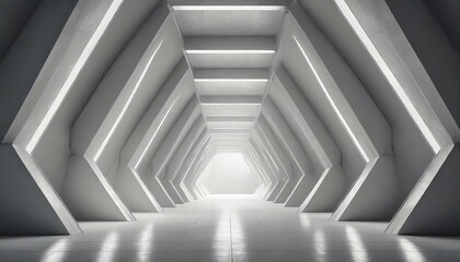 White background 3D room light abstract space technology tunnel stage floor. Empty white future 3D neon background studio futuristic corridor render modern interior silver road black wall design gray
