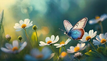 Background flower butterfly spring garden floral beauty blossom plant blue. Garden spring butterfly background summer flower field white color season banner daisy wild morning nature meadow bloom teal