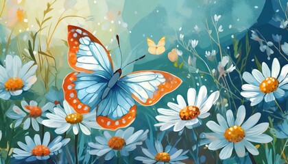 Background flower butterfly spring garden floral beauty blossom plant blue. Garden spring butterfly background summer flower field white color season banner daisy wild morning nature meadow bloom teal