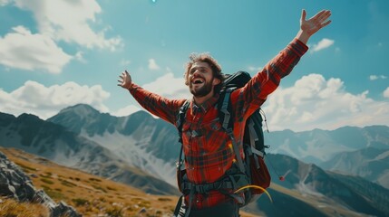 A man with a backpack stands with his hands raised on the mountain top.
