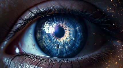 Close-up of human eye with blue iris. - obrazy, fototapety, plakaty