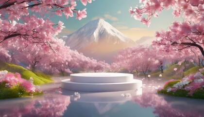Background podium 3D spring flower product beauty pink display nature. 3D podium stand background...