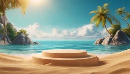 Obraz premium Beach podium summer background sand product 3D sea display platform. Beach podium summer banner stand scene sale sky holiday vacation stage water island sun travel pedestal promotion presentation ad 