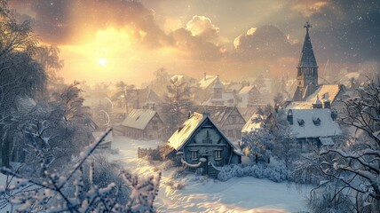 Snow-covered village at sunset. - obrazy, fototapety, plakaty