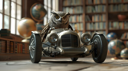 Wise Owl Driving Classic Race Car in Scholarly Library Setting - obrazy, fototapety, plakaty