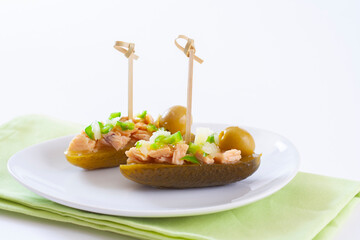 Pickled pickle skewers with canned tuna...