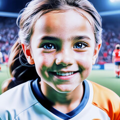 Portrait of a 10 year old soccer player girl in the stadium.
