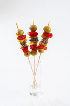 Tres Gildas or typical Spanish pincho with olive, anchovy and green chili...