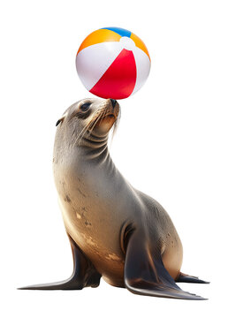Sea lion doing circus attraction with ball on its nose