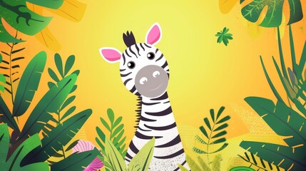 Fototapeta premium A zebra stands amidst a lush jungle, teeming with greenery and blooming flowers Behind it, a vibrant yellow sky unfolds