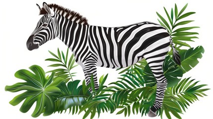 Fototapeta na wymiar A zebra stands amidst a jungle, surrounded by palm leaves In the image's heart, a ball remains centrally positioned