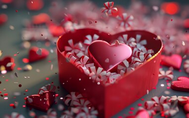 Valentines day background. Feminine desk workspace with gift box and red heart on background