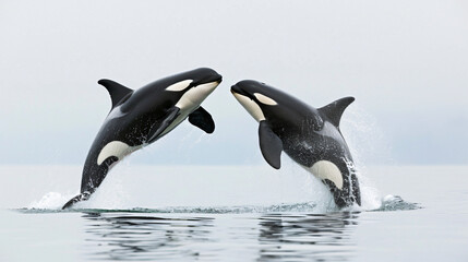 KILLER WHALE jumping oscines orca PAIR LEAPING - obrazy, fototapety, plakaty