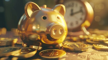 Growth of wealth and money investments over time and long-term pension fund management and financial business profit strategies. gold coin piggy bank