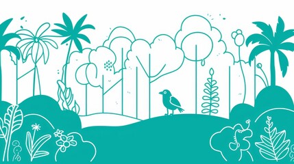   A blue-and-white illustration features a bird perched on a palm-studded branch, situated in a vibrant tropical scene - obrazy, fototapety, plakaty