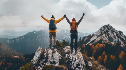 Concept of two mountain climbers raising their arms on the top of the mountain.