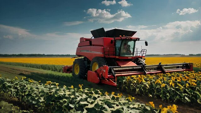 A red combine harvester is driving through a field of yellow flowers