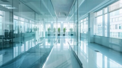 Reflective glass walls of a modern office building