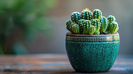 A bright green cactus potted in a decorative ceramic pot, adding a touch of nature indoors.
