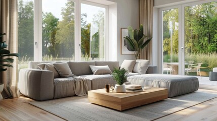 A cozy, well-lit living room featuring a grey sofa, wooden coffee table, and a large window with a view.