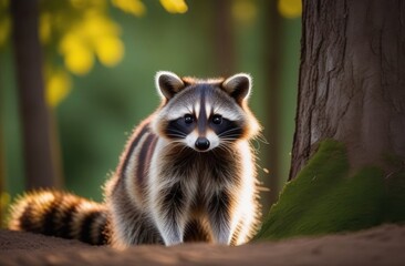 Cute raccoon in the morning forest,raccoon toddler looking in frame,wild animal forest walk