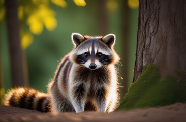 Obraz premium Cute raccoon in the morning forest,raccoon toddler looking in frame,wild animal forest walk