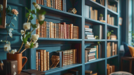 Detail shot of a built-in bookcase filled with books and decor, modern interior design, scandinavian style hyperrealistic photography - obrazy, fototapety, plakaty