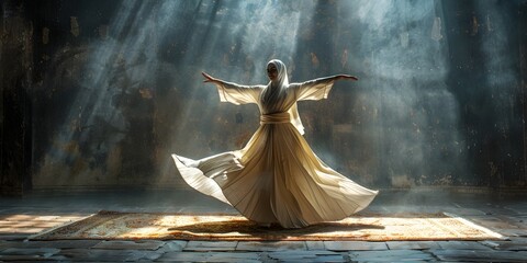 Whirling Dervish Dancers in Flowing Robes Spinning in Meditative Devotion an Ancient Sufi Ritual Captured in Dramatic Cinematic Lighting