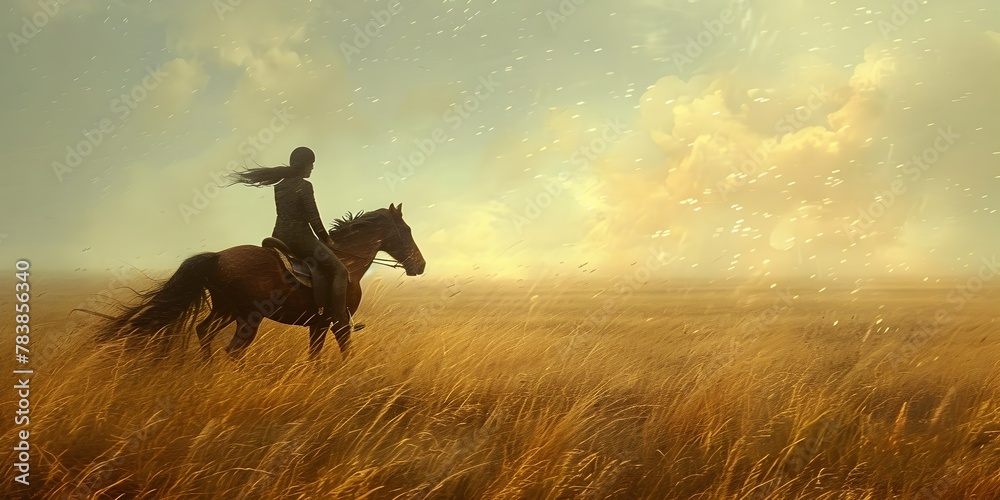 Canvas Prints A Solitary Rider Traverses the Boundless Expanse of a Breathtaking Prairie Landscape Embracing the Freedom and Beauty of the Open Wild