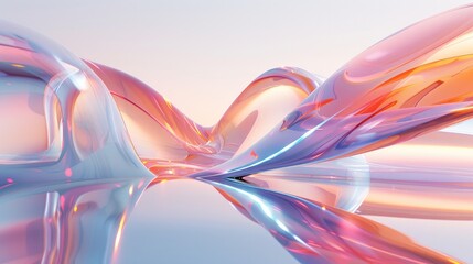 An artistic 3D render of a natural landscape featuring a flowing transparent glossy glass ribbon