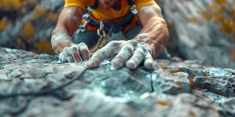 A Rock Climber Chalks Up Their Hands Focused on the Challenging Route Ahead Every Grip a Step Towards Triumph