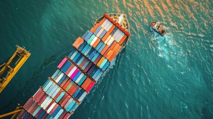 Top-down aerial view of a container ship at a bustling port, vividly depicting the loading and unloading process