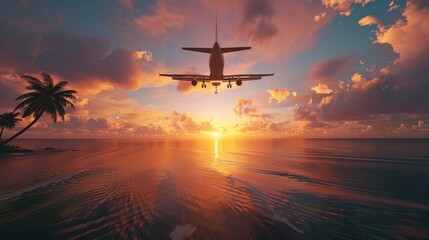 Naklejka premium An airplane soars above a tropical sea, bathed in the golden light of a setting sun