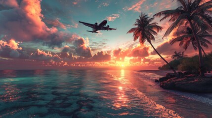 An airplane soars above a tropical sea, bathed in the golden light of a setting sun