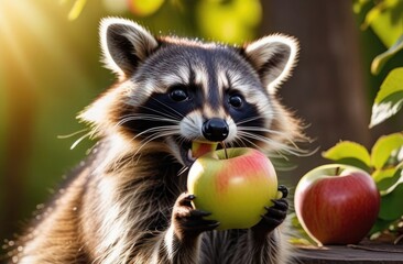 Cute raccoon eating apple,animal in the forest eating fruit.naughty raccoon showing teeth