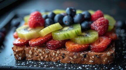   A tight shot of a slice of bread adorned with fruit and sprinkled with sesame seeds atop