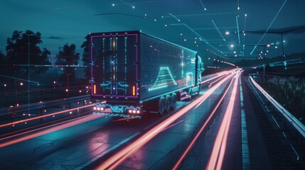 A cutting-edge autonomous semi truck with a cargo trailer, exemplifying futuristic transportation technology - obrazy, fototapety, plakaty