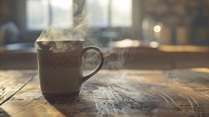 A ceramic coffee mug filled with steaming hot brew, emitting a comforting aroma. - obrazy, fototapety, plakaty