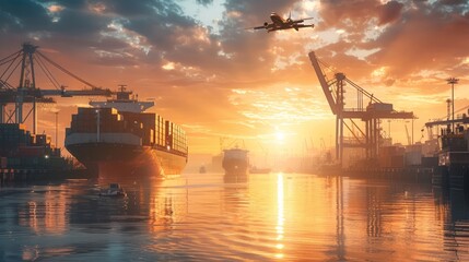 Fototapeta na wymiar A dynamic scene with a cargo ship and plane, epitomizing the global reach of logistics and transportation
