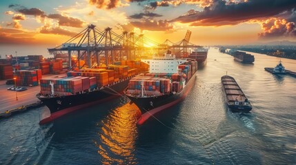 A dynamic scene with a cargo ship and plane, epitomizing the global reach of logistics and transportation - obrazy, fototapety, plakaty