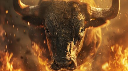 Look of the strong face of the bull with fire on the background - obrazy, fototapety, plakaty
