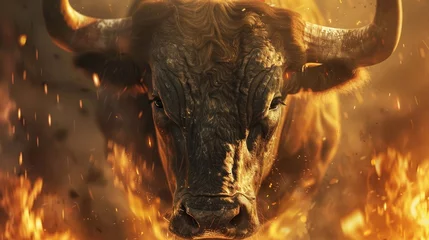 Fotobehang Look of the strong face of the bull with fire on the background © nikola-master