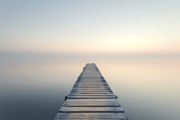 Wooden Pier Leading into Calm Waters at Sunset, Pastel Sky, Copy Space - obrazy, fototapety, plakaty