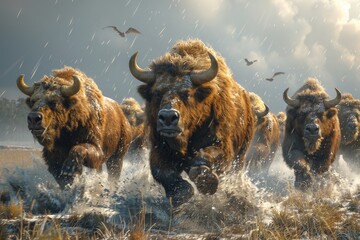 Bison Herd Running Through Field in Rain