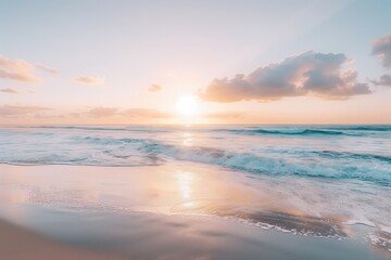 Fototapeta na wymiar Serene Beach with Pastel Sunrise and Gentle Waves, Clear Sky, Copy Space
