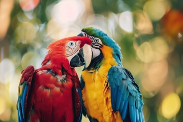 Colorful Macaws Parrots Sharing Affection, Bokeh Background