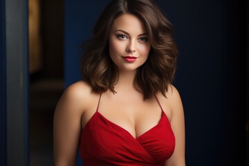 Fototapeta premium Radiant 30-Year-Old Beauty in Blue: Bold Red Lips, Captivating Smile