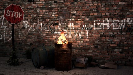 fire in barrel and graffiti on the wall
