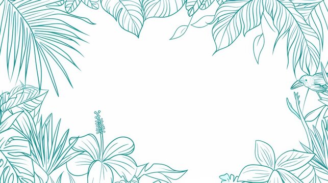   Tropical plants and flowers drawing on white background Inscribe in center