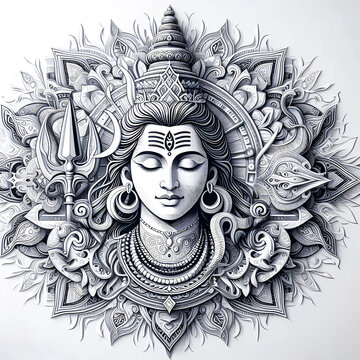 Black and white wall art illustration of Lord Shiva on a white background.